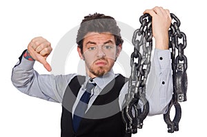 The young businessman in funny concept on white