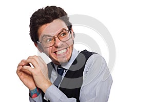 The young businessman in funny concept on white photo