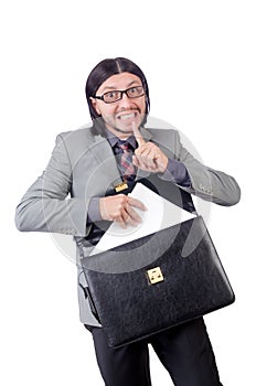 Young businessman in gray suit holding briefcase