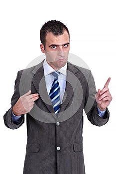 Young businessman in a gray suit rejecting the responsibility a