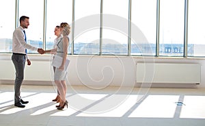 Young businessman greeting businesswoman with handshake standing by colleague in new office