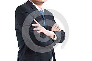 Young businessman with his cross one arm on white background. With copy space using for Business concept