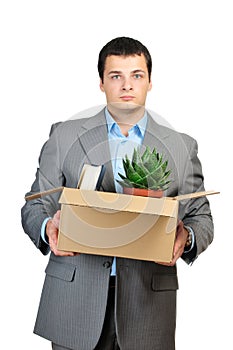Young businessman hold cardboardbox