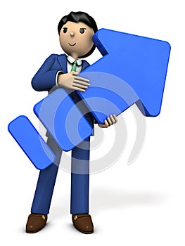 A young businessman holding a big arrow.