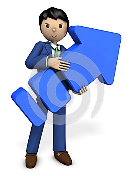 A young businessman holding a big arrow.