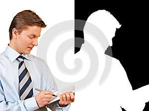 Young businessman holding a clipboard,with Alpha