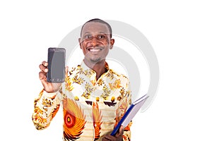 Young businessman holding a document and showing phone and document