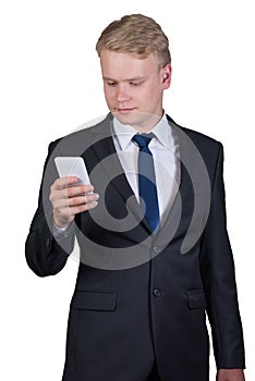 Young businessman holding a mobile phone isolated on white background
