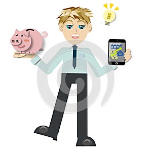 Young businessman holding tablet pc and piggy bank