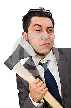 Young businessman holding a tool isolated on the