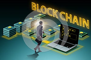 The young businessman in innovative blockchain concept