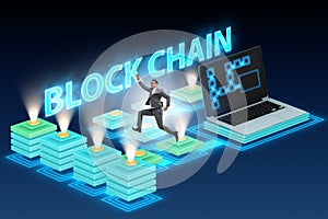 The young businessman in innovative blockchain concept