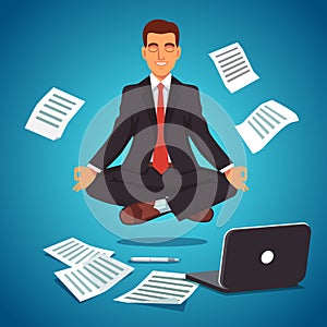 Young businessman levitating in yoga position