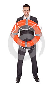 Young businessman with life buoy