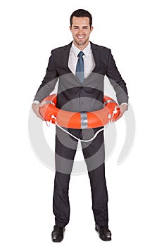 Young businessman with life buoy