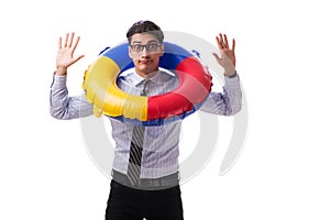 The young businessman with life buoy isolated on white background