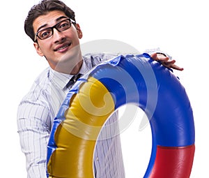 Young businessman with life buoy isolated on white background