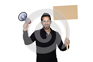 Young businessman with a Megaphone and a poster proclaiming some