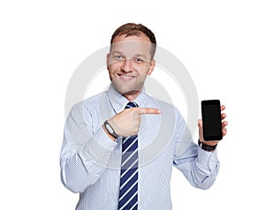 Young businessman with mobile phone isolated on white