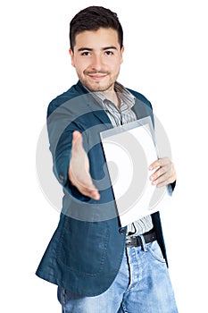 Young businessman offering handshake to you isolated on white