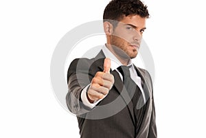 Young businessman OK symbol gesture, isolated