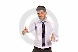 Young businessman ok symbol gesture with two hands