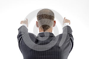 Young businessman pointing back side