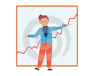 Young businessman presenting growth chart. Confident male cartoon character with upward trend graph. Success and