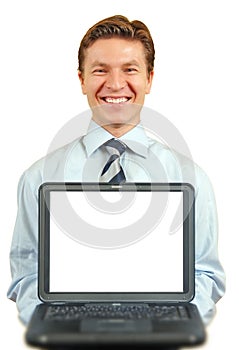 Young businessman presenting a laptop ,screen with