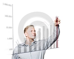 Young businessman pressing button on rising graph.