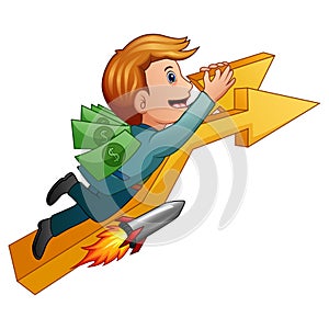 Young businessman riding rocket with up arrow