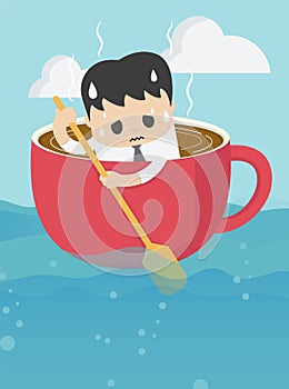 Young businessman rowing coffee cup in sea vast