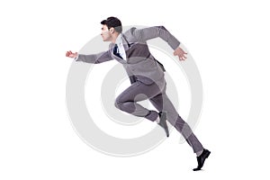 The young businessman running forward isolated on white