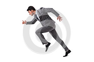 The young businessman running forward isolated on white