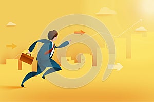 Young businessman running forward to rising arrow.Business concept of growth and skill.Paper art vector illustration photo