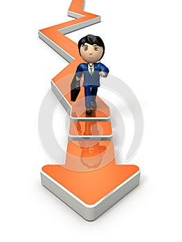 A young businessman rushing over a big red arrow. 3D illustration