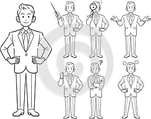 Young businessman`s pose 7 kinds of set, 2 line drawing