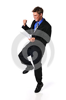 Young businessman showing excitement