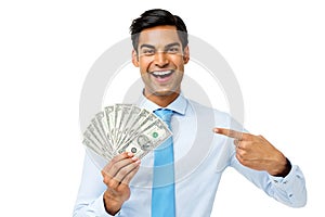 Young Businessman Showing Fanned Out Dollar Notes