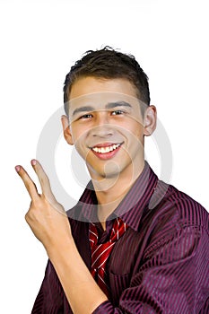 Young businessman is showing hand signs.