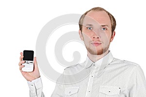 Young businessman showing mobile phone isolated
