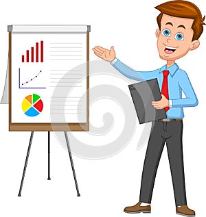 Young businessman shows presentation of business project with graphs and charts