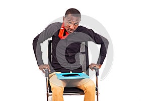 Young businessman sitting on a chair with a folder and a mobile phone