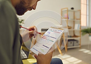 Young businessman sitting on sofa at home or at office planning tasks and to do list in notepad.