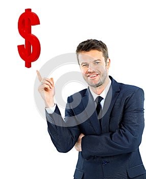 Young businessman smiling and points