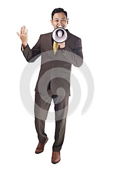 Young Businessman Smiling Shouting Using Megaphone, Marketing Promotion Concept