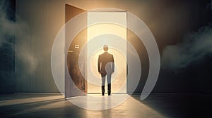 A young businessman standing against keyhole door. Dream, success, opportunity and innovation concept. Generative ai