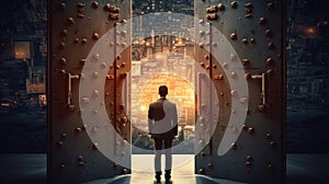 A young businessman standing against keyhole door. Dream, success, opportunity and innovation concept. Generative ai