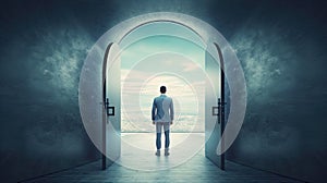 A young businessman standing against keyhole door. Dream, success, opportunity and innovation concept. Generative ai