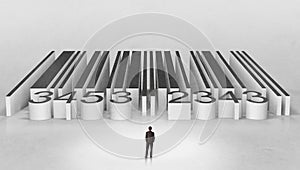 Businessman standing outside of a big codebar